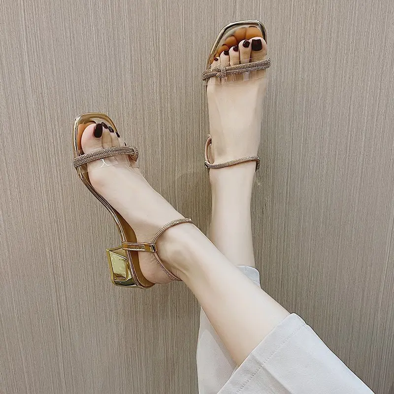 

2021 Summer Comfort Shoes for Women Female Sandal High Heels Buckle Strap Med Girls New High-heeled Beige Medium Fashion Clear