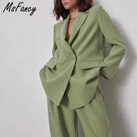 msfancy green suits women autumn double breasted elegant blazer high waist ankle length suit pants 2021 female 2 piece sets