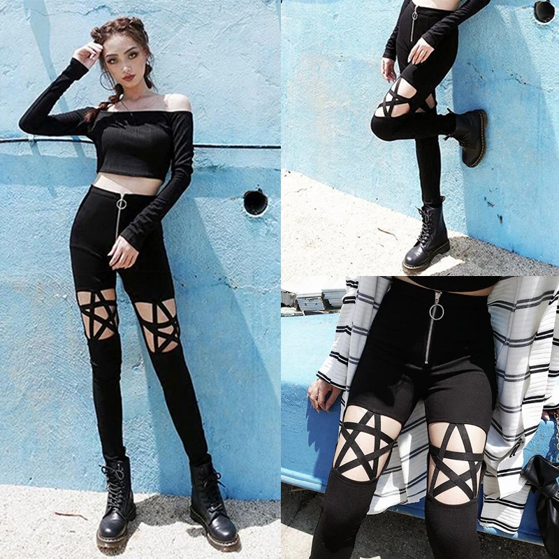 Women High Waist Pants Hollow Out Pentagram Pencil Black Pantalones Mujer Slim Casual Female Stretch Trousers | Женская одежда