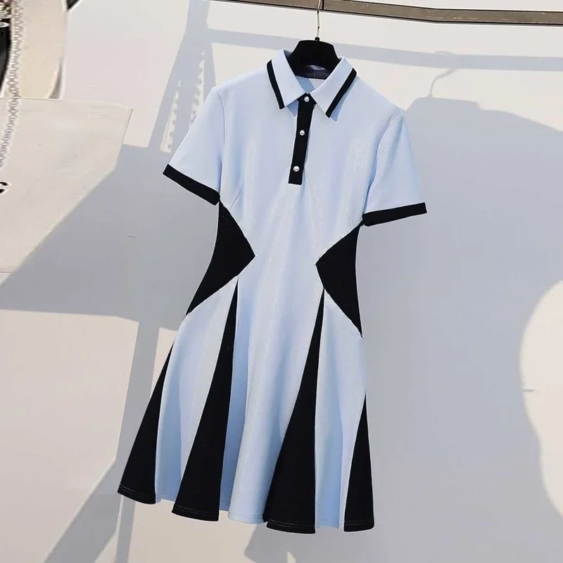 

Plus Size Women Dress Summer 2021 Fashion New Color Patchwork Polo Collar Pearl Buttons Loose Casual Ruched Shirt Dresses