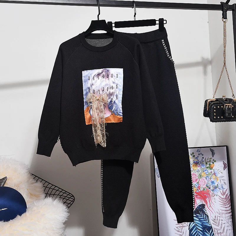 Модный трикотажный спортивный костюм для женщин из 2 предметов Свободный вязаный