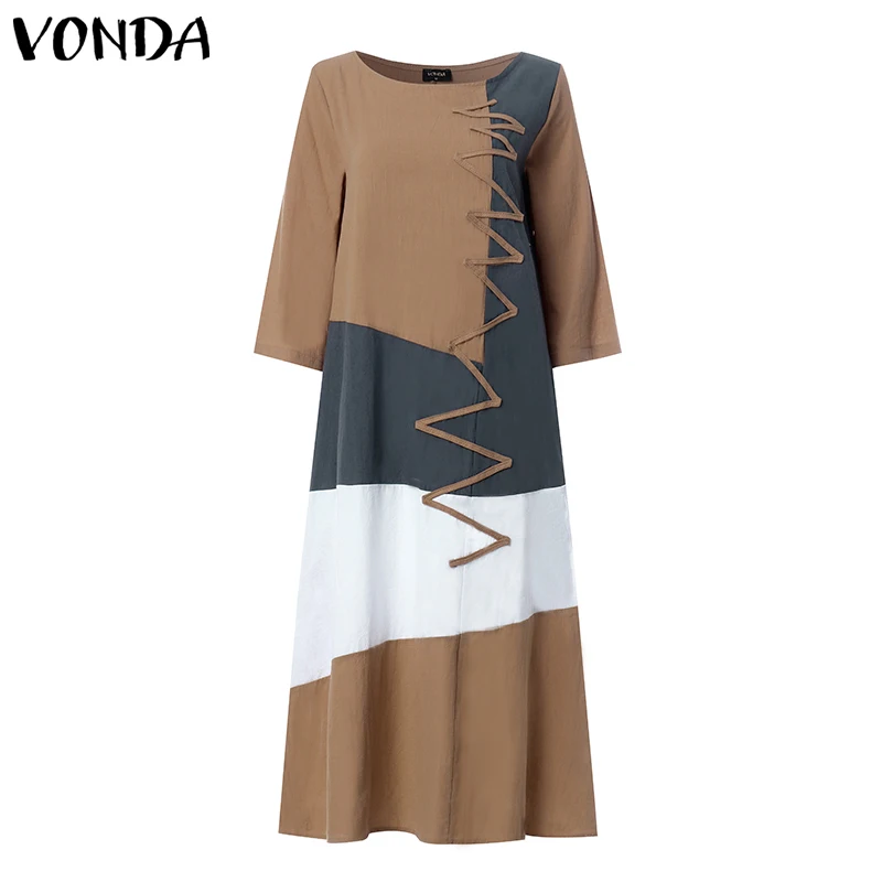 VONDA, женское платье, летнее, винтажное, из кусков, хлопковое, свободное, повседневное, с рукавом 3/4, с круглым вырезом, длинное, Пляжное, праздничное, сарафан, S-5XL