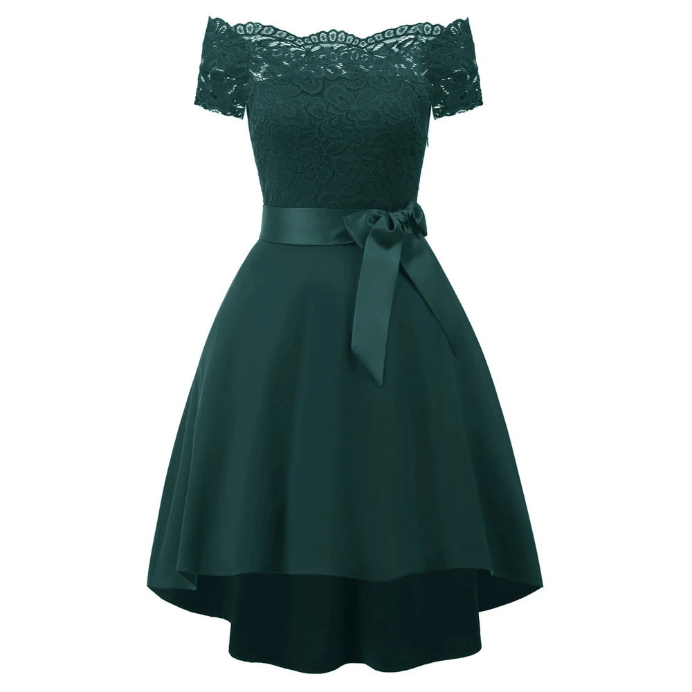 

2020 Vintage Fashion Women Slash Neck Short Sleeve Belt Vintage Party Ceremony Hi lo Lace Swing Wedding Bridesmaid Party Dresses
