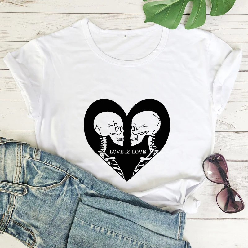 

Женская Винтажная Футболка Love Is Love, Готическая футболка из 100% хлопка с принтом скелета для влюбленных, футболка в эстетическом стиле, футбол...
