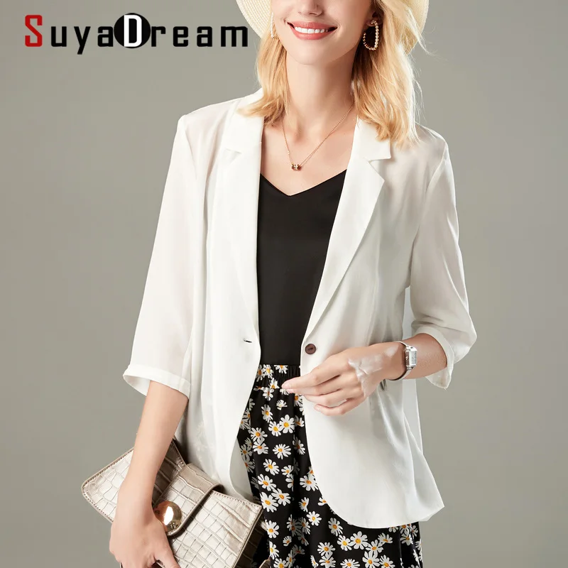 SuyaDream Women Silk Blazers 100%Silk Single Button 3/4 Sleeved Solid Black Office Lady Blazers 2022 Spring Summer New