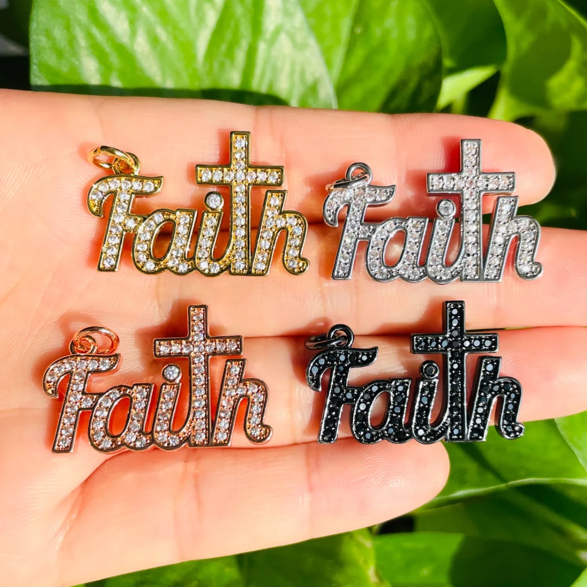 

5pcs Religious Cross Faith Word Charms Jewelry Making Bling Zirconia Paved Letter Pendant Women Bracelet Girl Necklace Accessory