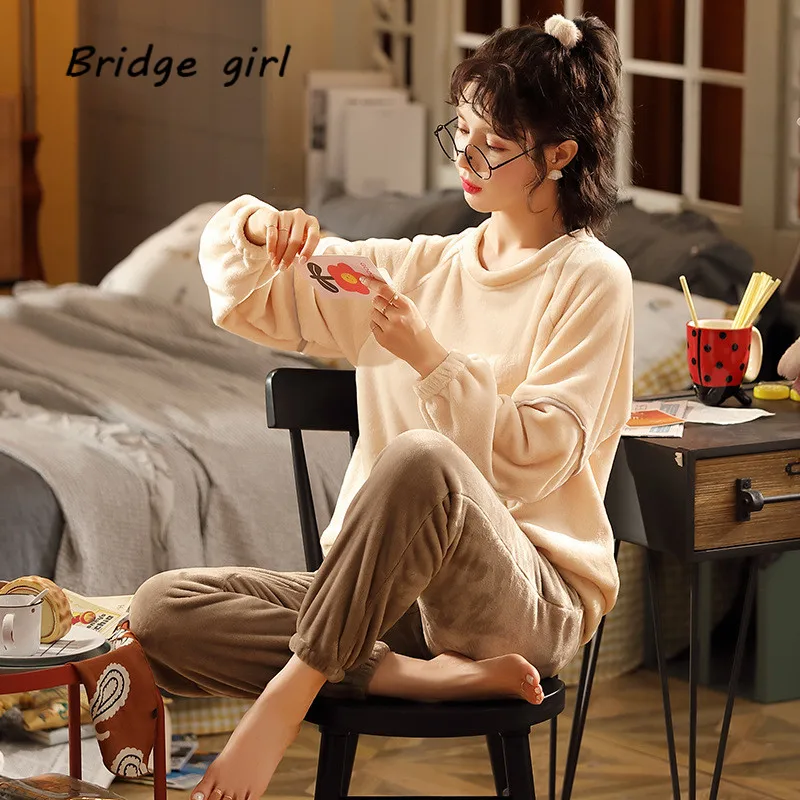 

2021 Women Pajama Set Korean version Autumn Pajamas Flannel Keep Warm Solid Color Sleepwear Sweet And Cute Girl Female Homewear