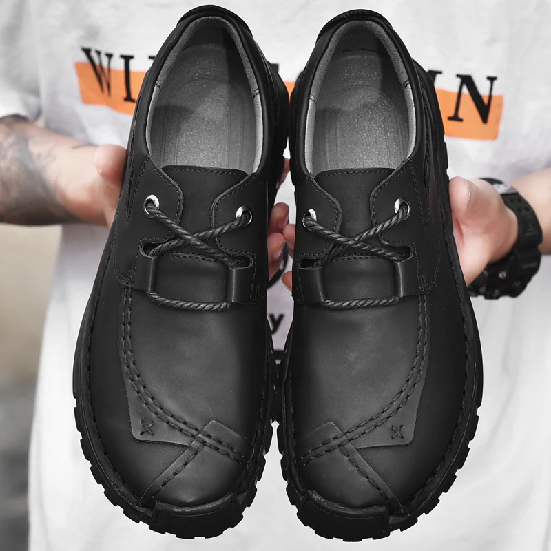 Кроссовки мужские кожаные на платформе модная рабочая обувь до щиколотки