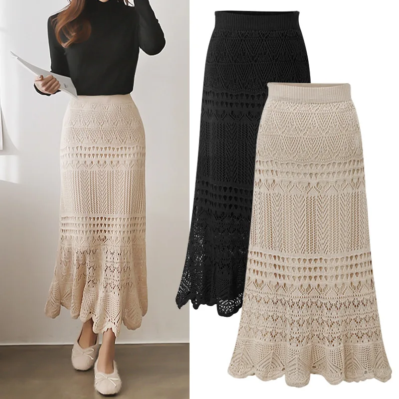 

Korean 2021 New Women Knitting Long Skirts High Waist Flower Hollow Knitted Female Classic Loose Large Long Skirt