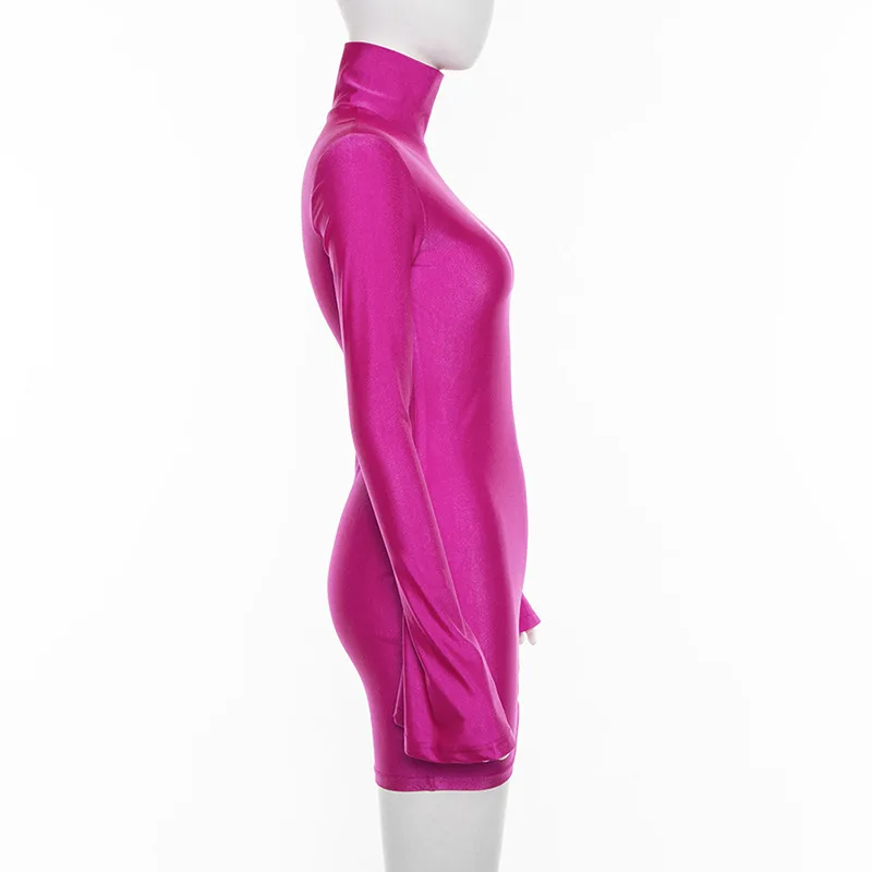 

Long Flare Sleeve High Neck Bodycon Sexy Solid Mini Dress 2019 Autumn Fashion Party Close-fitting Elegant Clothes Women