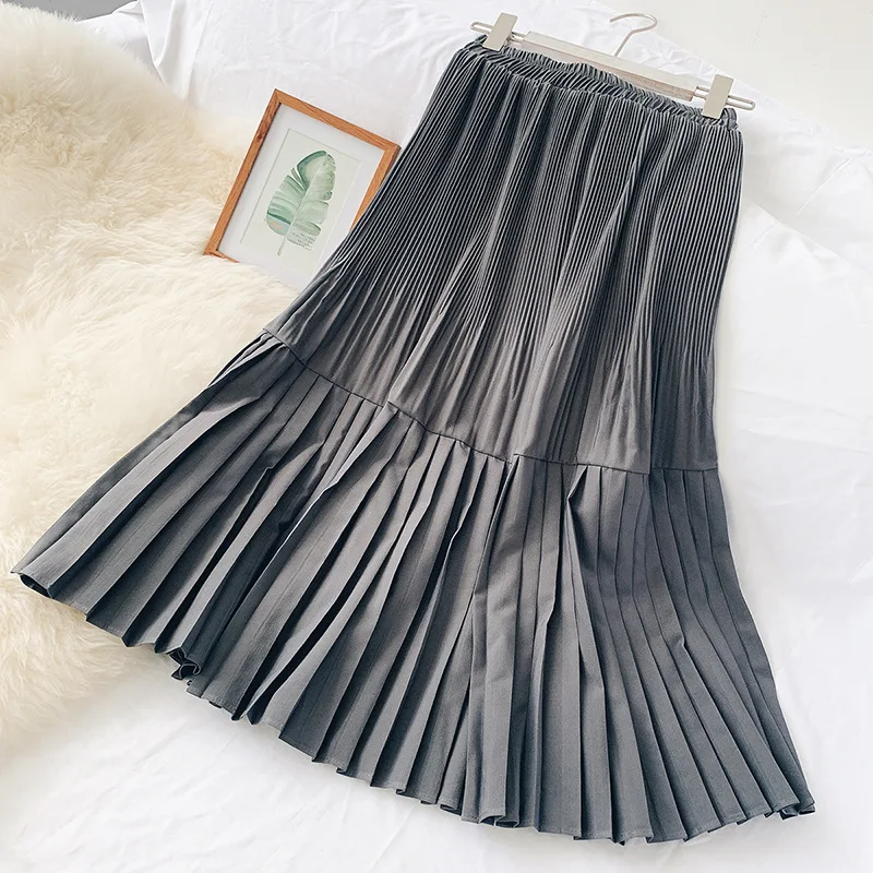 Stitching pleated skirt female mid-length 2019 winter new style high waist was thin A-line temperament bottoming | Женская одежда