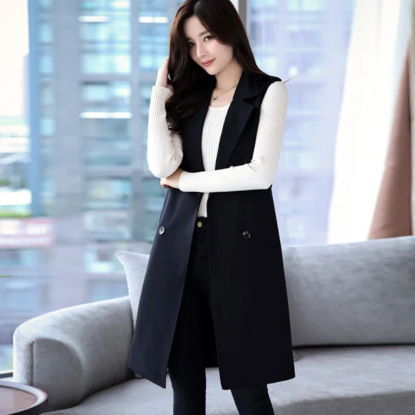 Новинка весна осень длинный костюм жилет женский двубортный кардиган безрукавка