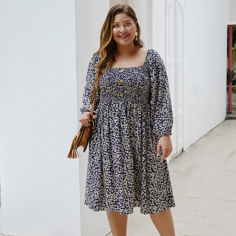 

Plus Size Floral Print Dress for Women Long Sleeve Square Collar Summer Dress Vacation Casual Vestido De Mujer Yellow Dress