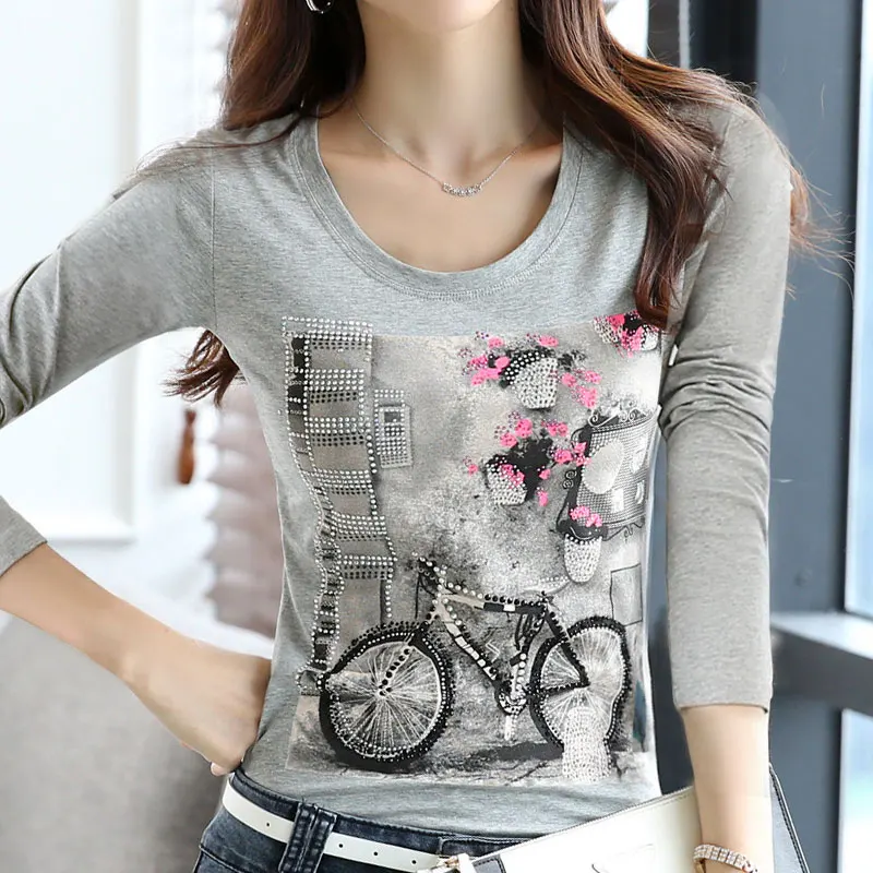 Женские футболки Стразы 2021 Осенние Топы женские со стразами женская футболка с