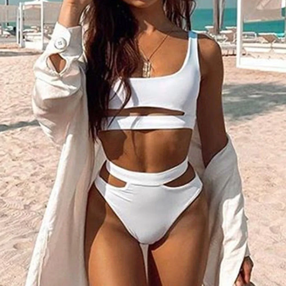 Женский сексуальный купальник-бикини 2020 с высокой талией однотонный черный