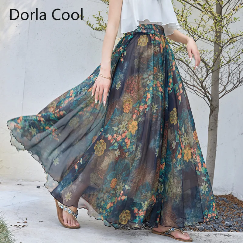 New Retro Luxury Printed Flowers Maxi Long Skirts For Women High Waist Thin Plus Size Summer Chiffon Lady's Party Beach Clothing