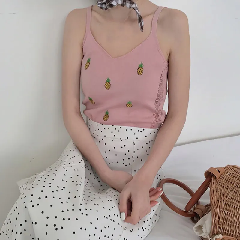 Женский милый тонкий трикотажный топ с вышивкой фруктов топы без рукавов