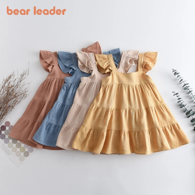 

Bear Leader/Летние повседневные платья для маленьких девочек; Новые модные однотонные костюмы с оборками для малышей; Милая Корейская одежда для...