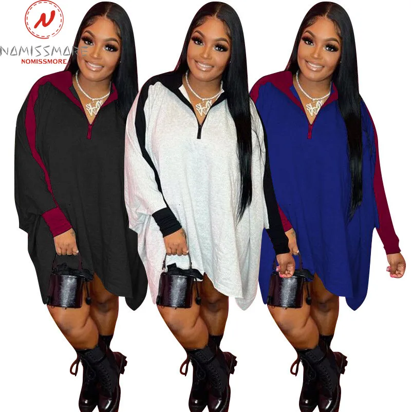 

Fashion Women Solid Color Casual Loose Dress Irregular Design Zipper Decor Stand Collar Batwing Sleeve Autumn Pullovers Dress