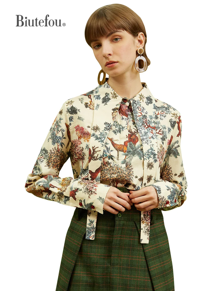 

【Biutefou】Original Design 2021 Autumn Women Vintage Botanical Garden Hand-Painted Exaggerated Long Collar Cotton Shirt