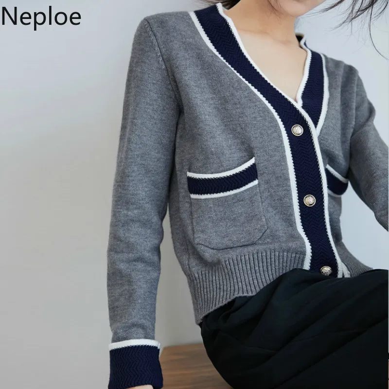 Neploe v-образный вырез контрастный цвет вязаный кардиган свитер небольшой аромат