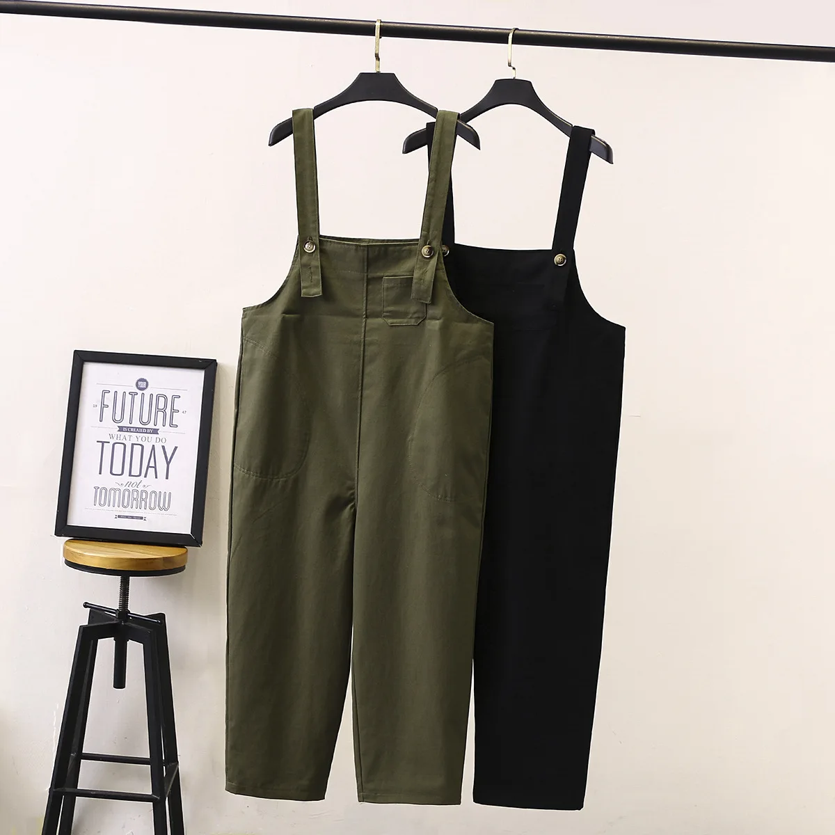 Женский свободный комбинезон на бретелях Черный Повседневный хлопковый больших