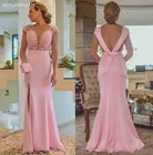 Длинное вечернее платье для матери невесты, розовое платье с кружевной аппликацией с разрезом по бокам, открытой спиной и бантом, для гостей свадьбы и выпускного вечера, 2021