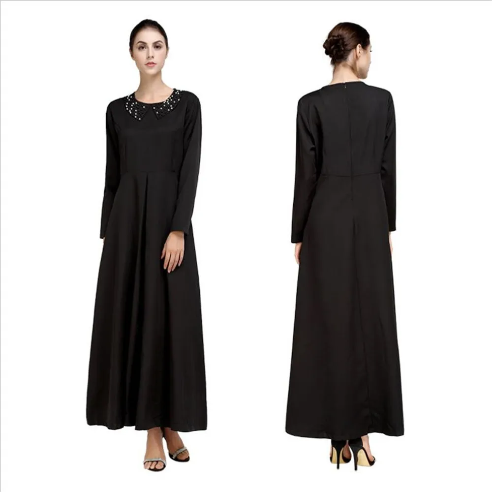 Мусульманское арабское женское длинное платье черного цвета с длинным рукавом и бусинами на воротнике Abayas элегантная тонкая мусульманская...