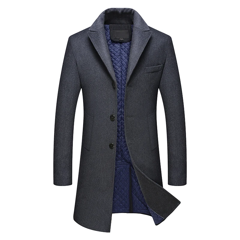 

New Winter Men's Woolen Trench Coats Single Breasted Man Overcoat Thick Woolen Jacket Mid Long Warm Outwear No Scarf