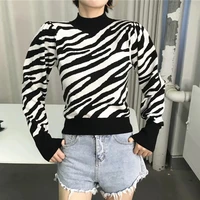 2022 autumn casual zebra print long puff sleeve knitted pullover chic lady fashion turtleneck animal print sweater womens tops