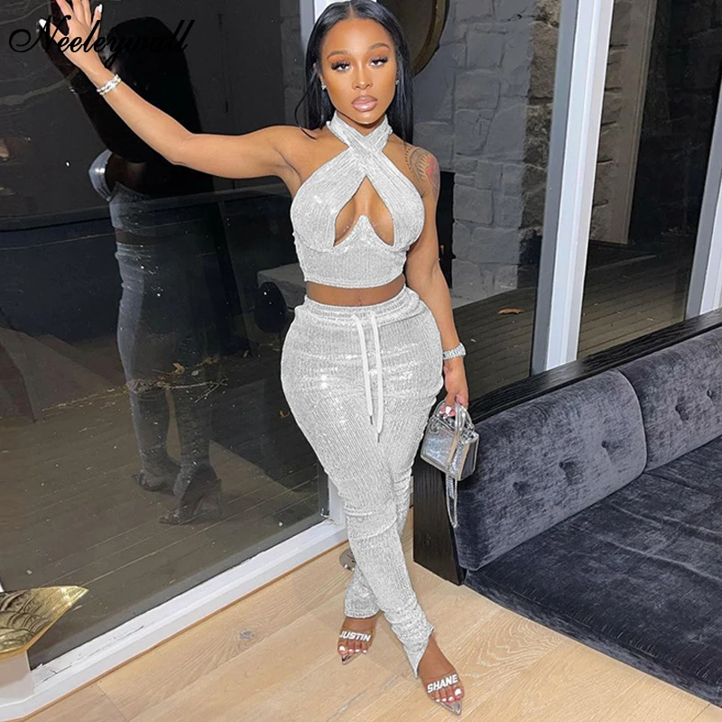 

Пикантный укороченный топ и леггинсы Neeleywall с вырезами, комплект из двух предметов с металлическим блеском, праздничные наряды, облегающий к...