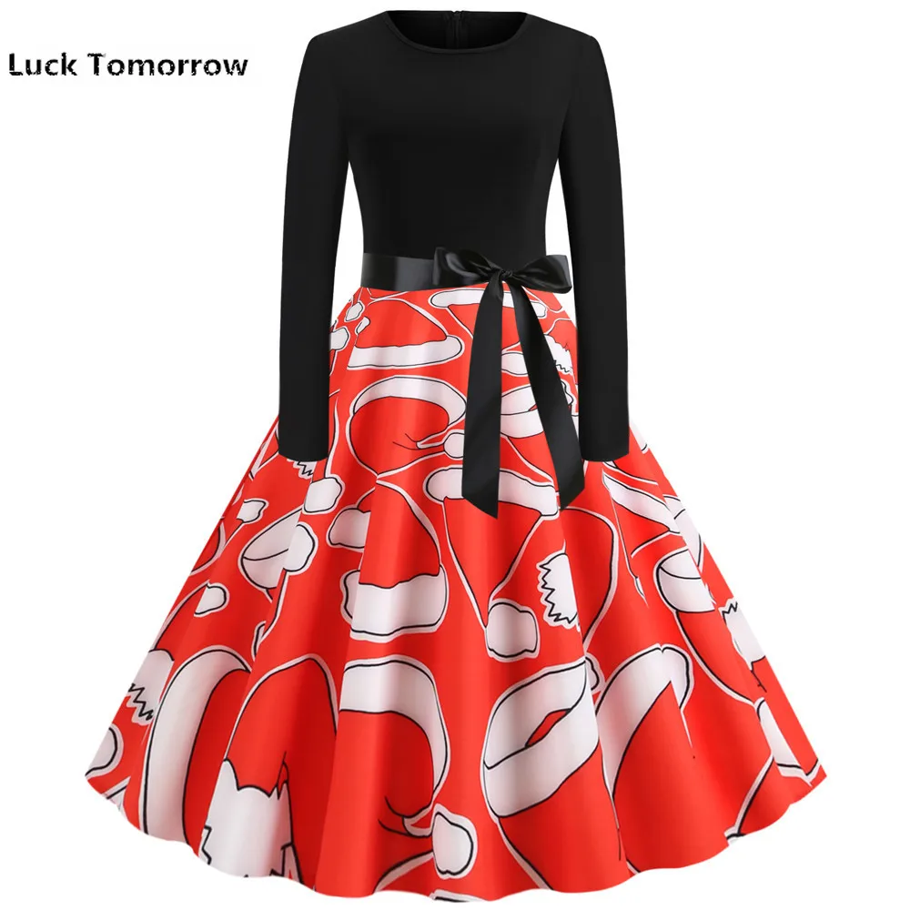 Для женщин элегантные Винтаж красный Рождественский колокольчик платье тонкий