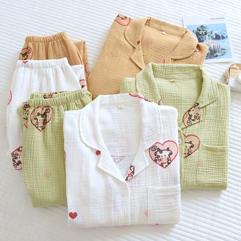 

Пижамный комплект женский из двух предметов, тонкая пижама из хлопка и крепа с длинным рукавом, с мультяшным принтом, до щиколотки, пижама на...