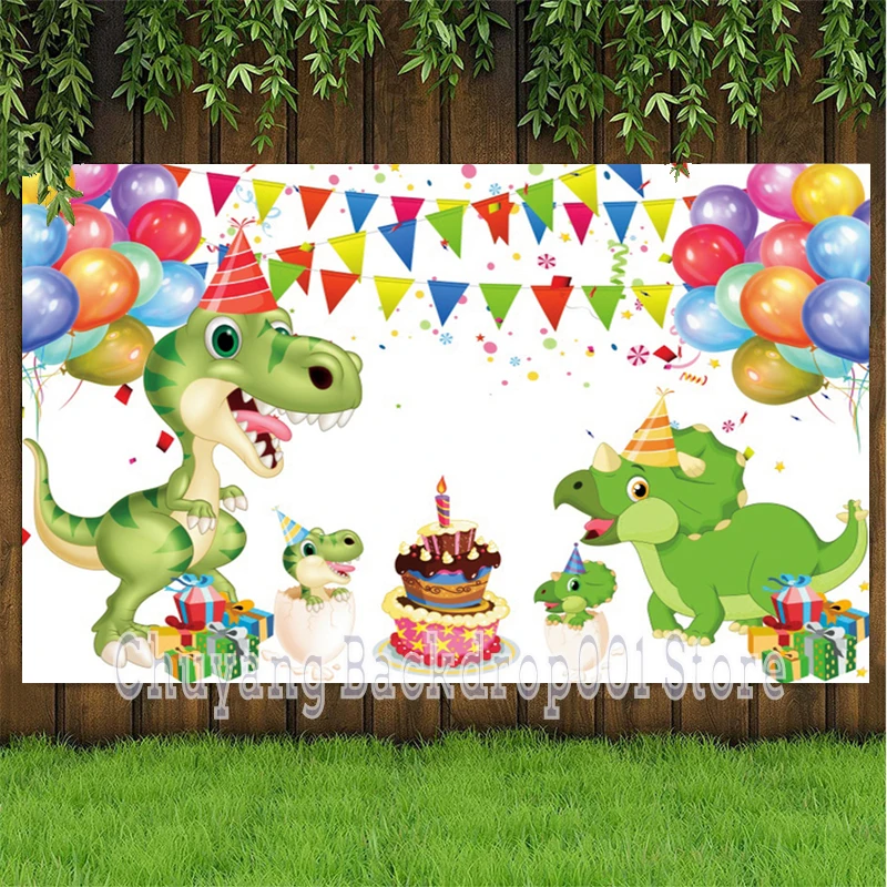 Colorful Balloons Banner Flags Decoration Dinosaur Party Backdrops Cake Smash Table Decor Poster Kids Birthday Backgrounds Fhoto