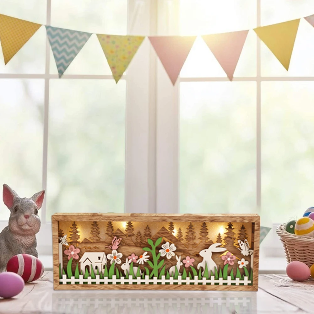 

2022 Wooden Easter Painted Bunny Flowers Photo Frame Pendant Easter Decorations DIY Gifts Happy Easter Party Decorations