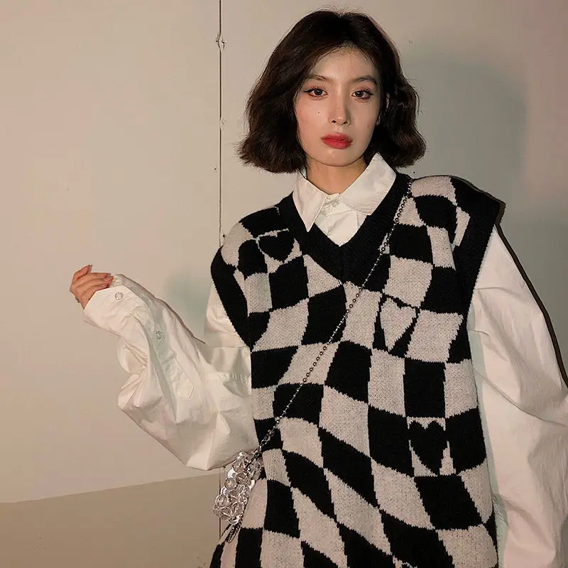 

Autumn Winter V Neck Sleeveless Sweater Vest Women Oversized Warm Jumper Knitted Vest Pollover Women Sweater Pull Femme