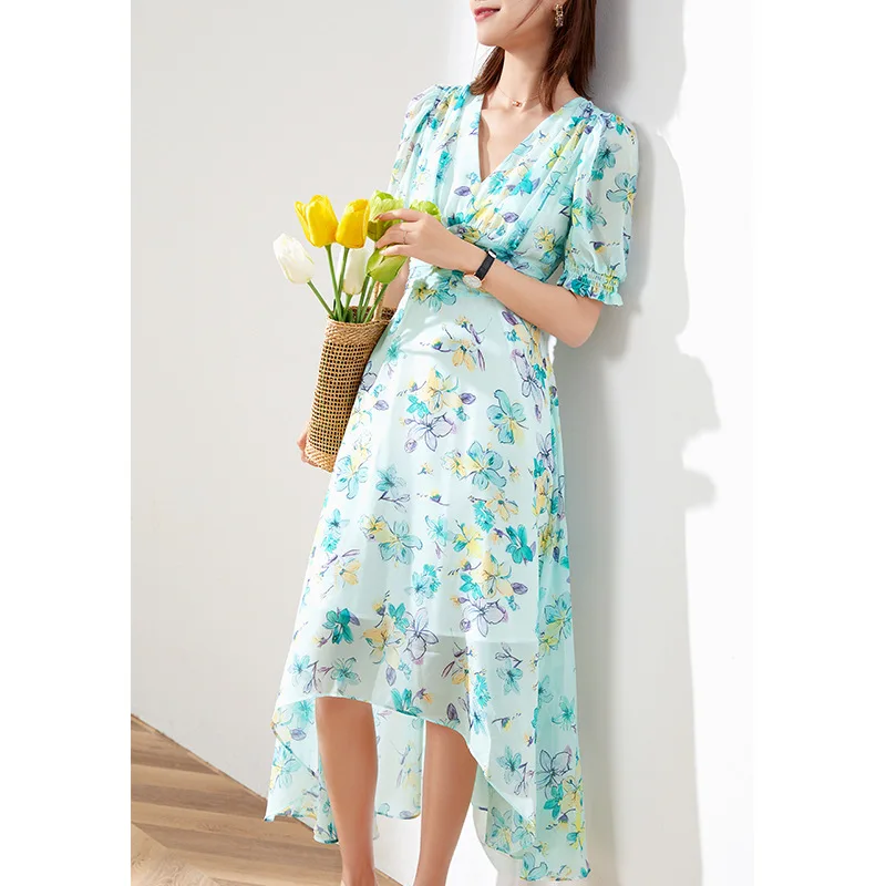 

2021 Summer Elegant Temperament V Neck Short Sleeves High Waist Fresh Light Green Floral Printing Women Long Chiffon Dress