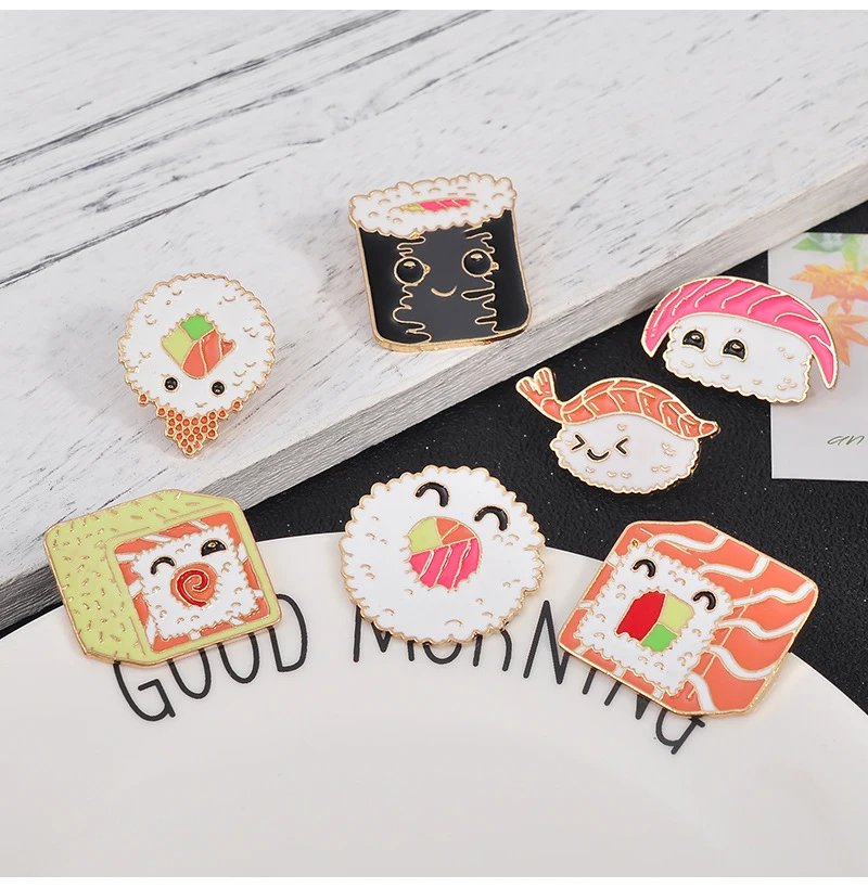 7 Style Collection Enamel Pins Brooches for Women Backpack Clothes Lapel Pin Sushi Salmon Brooch Badges Creative Cartoon Jewelry