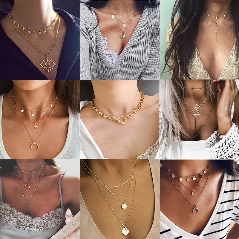 

Bohemian Multi-layer Necklace For Women Gold Color Moon Star Demon Eye Pendants Necklaces 2020 Vintage Chokers Collar Wholesale