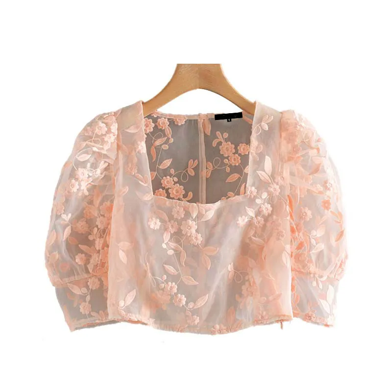 Винтажные топы из органзы с цветочной вышивкой сексуальные женские блузы 2019