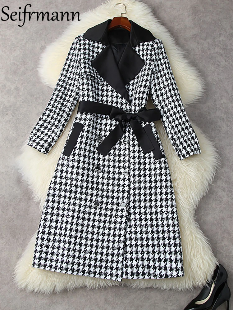 

Seifrmann New 2021 Winter Women Fashion Designer Blends Coat Long Sleeve Bow Sashes Sequined Elegant Ladies Warm Coats Overcoat
