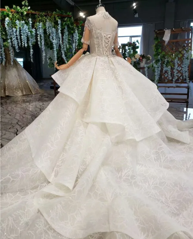 Тюль Половина рукава Иллюзия Высокая шея Weding платья Пышное Свадебное Платье