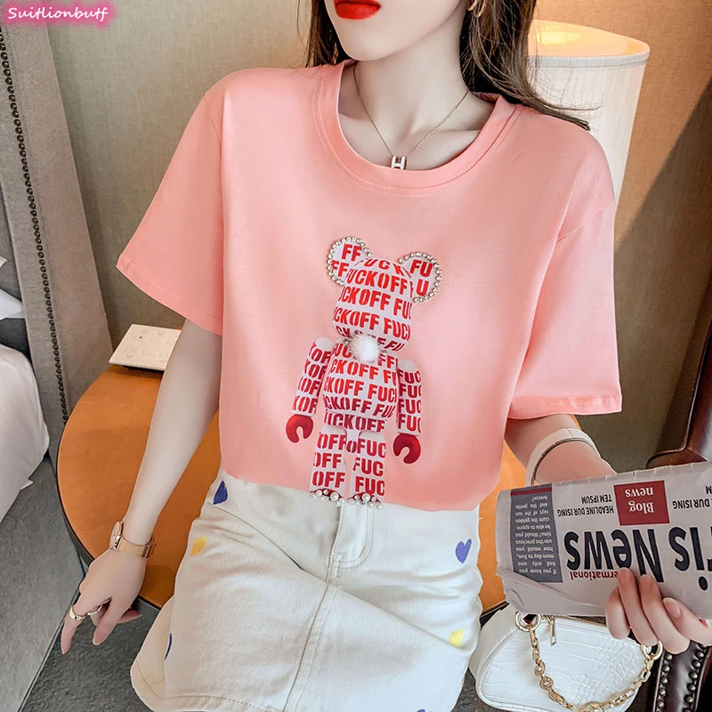 

2Xl Cartoon Diamond Cotton T-shirt Loose Letter Tee O-Neck Short Sleeve Korean Women Tshirt 2021 Summer Casual Crop Top Blouses