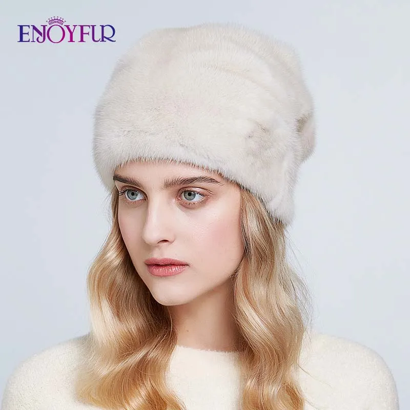 ENJOYFUR с натуральным норковым мехом Шапки на толстой подошве, женская теплая со всей норковые меховые шапки модные стразы женские шапки новые меховые шапки-бини - Цвет: M09