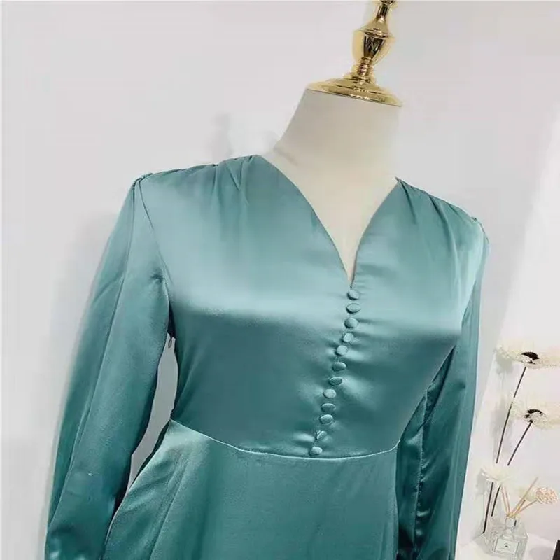 2020 new dress Elegant Lady Deep V-neck Silk Satin Slim Long-sleeved Party Dress Green Long Dresses Sexy Clubwear | Женская одежда