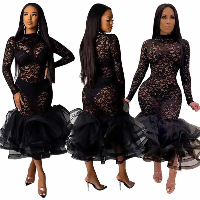 Women Spring Sexy Bodycon Lace Dress Long Sleeve Turtleneck Hollow Out Ruffles Mesh Dresses Night Club Party Elegant Vestidos | Женская