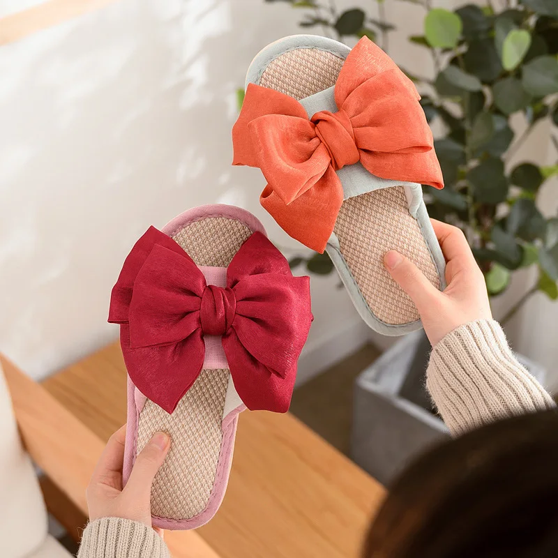 2022 Summer Flax Slippers Women Casual Linen Slides Bowknot Sweet Home Flip Flops Indoor Soft Non-slip Shoes Female Sandals
