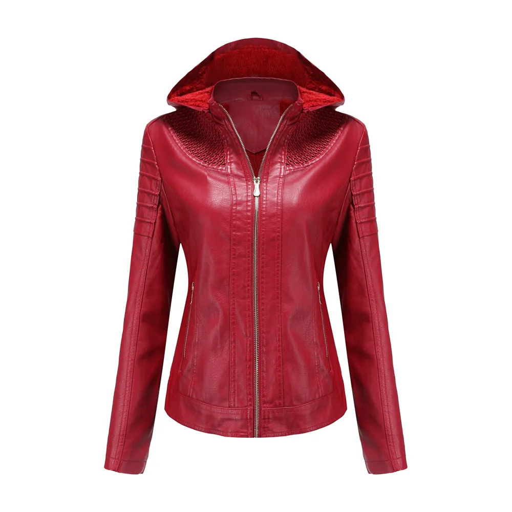 2021 new European and American autumn and winter clothes detachable hooded leather clothes women's Plush warm jacket