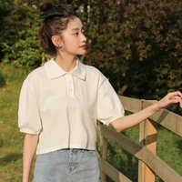 women summer casual cropped tops 2021 new korean cute turn down collar puff short sleeved t shirts female chic tees streetwear