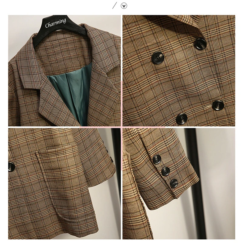 Женский костюм куртка осень 2019 новый тонкий двубортный большого размера в клетку